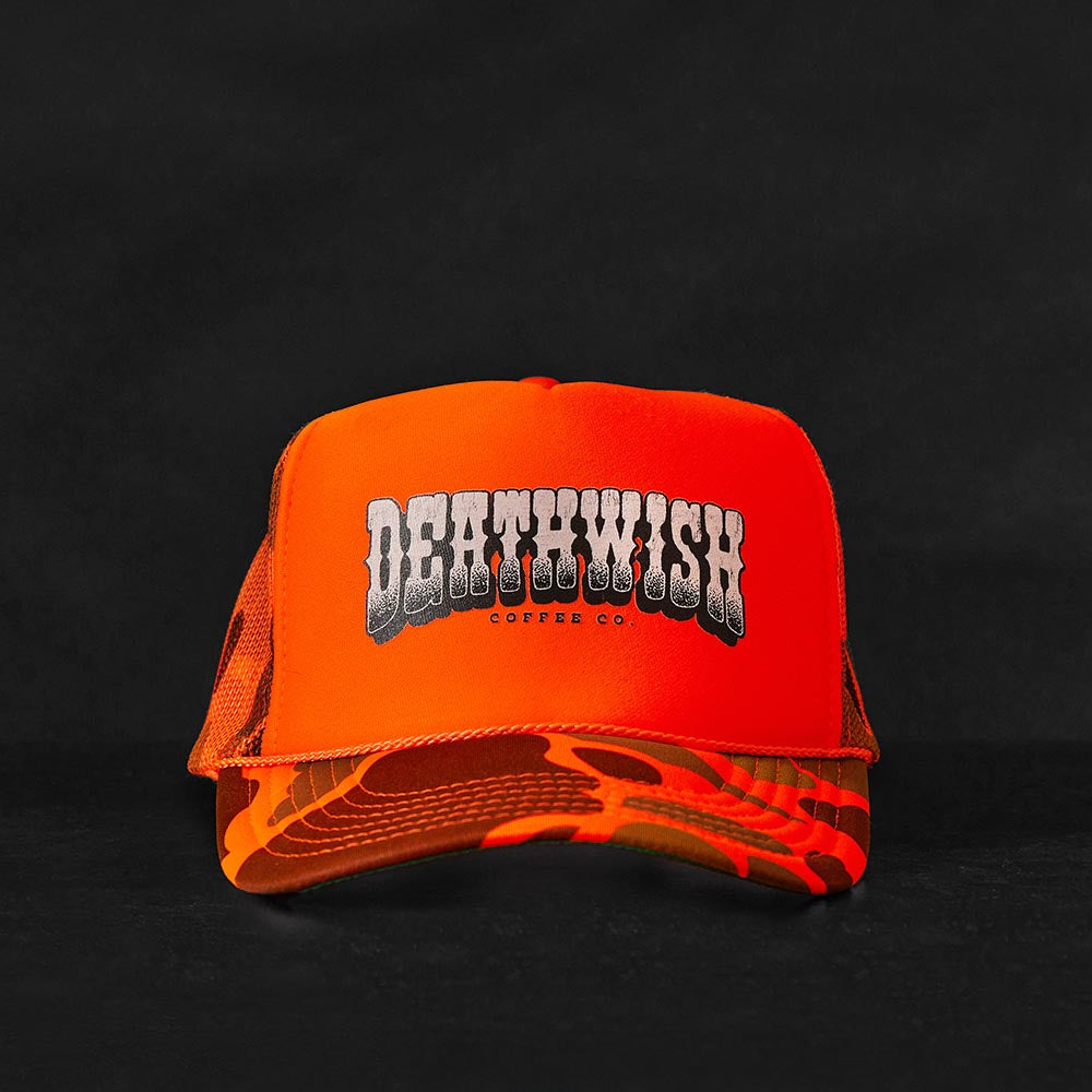 The front of the Death Wish Coffee Hardly Hidden Trucker Hat.