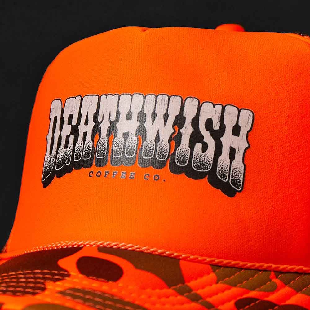 Close up view of the Death Wish Coffee Hardly Hidden Trucker Hat.