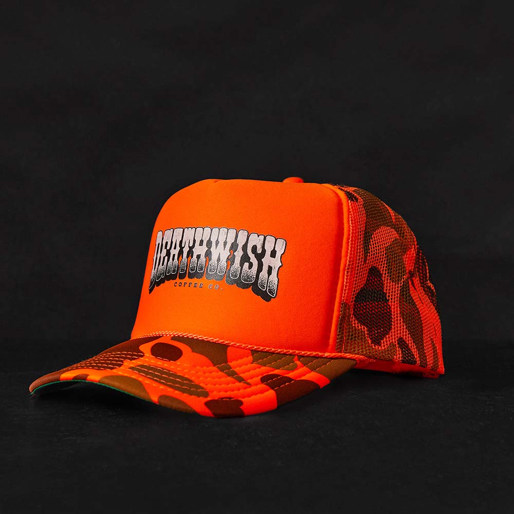 Left side of the Death Wish Coffee Hardly Hidden Trucker Hat.