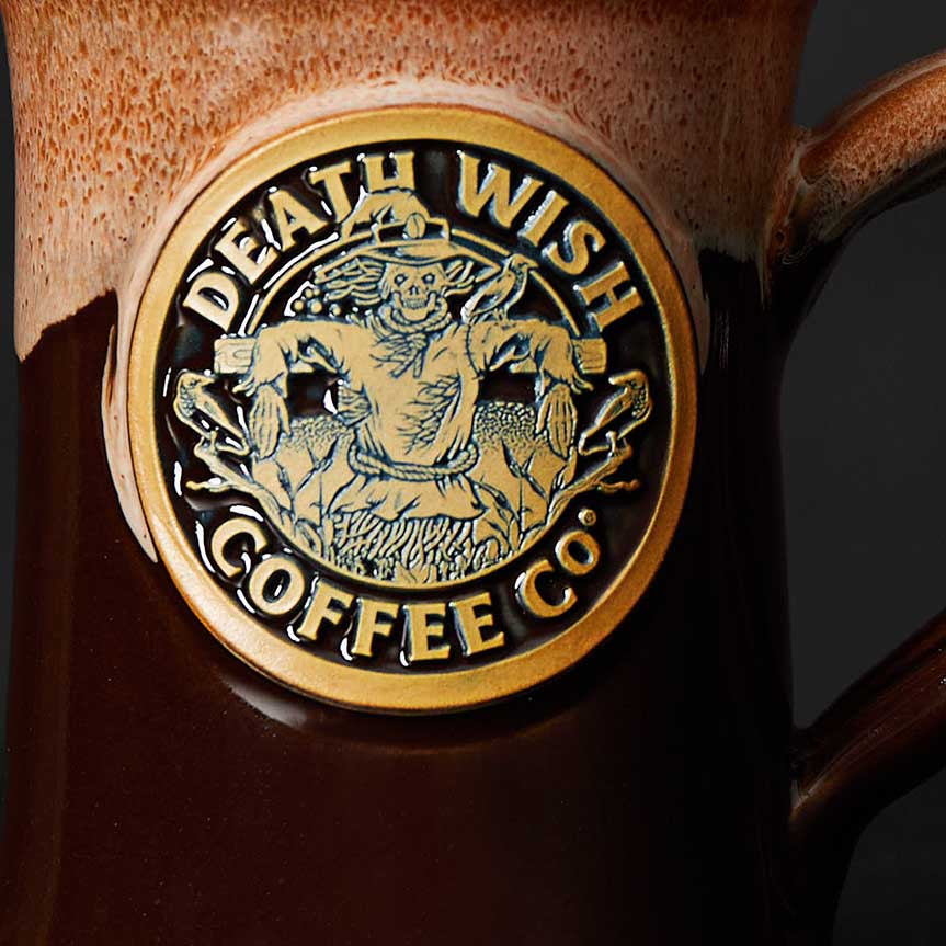 A logo close up of the Death Wish Coffee Scarecrow Mug.