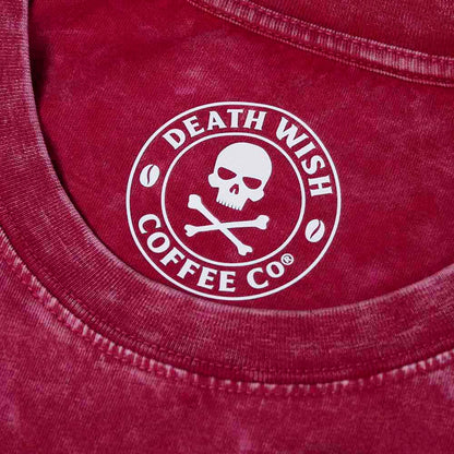 The interior neck label of the Death Wish Coffee Red The Room Tee.