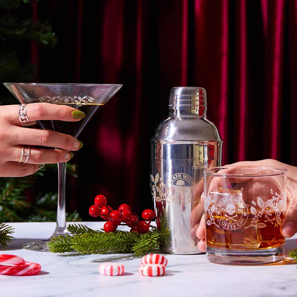 A pair of drinks in the Death Wish Coffee Shaken & Stirred Glass Set.