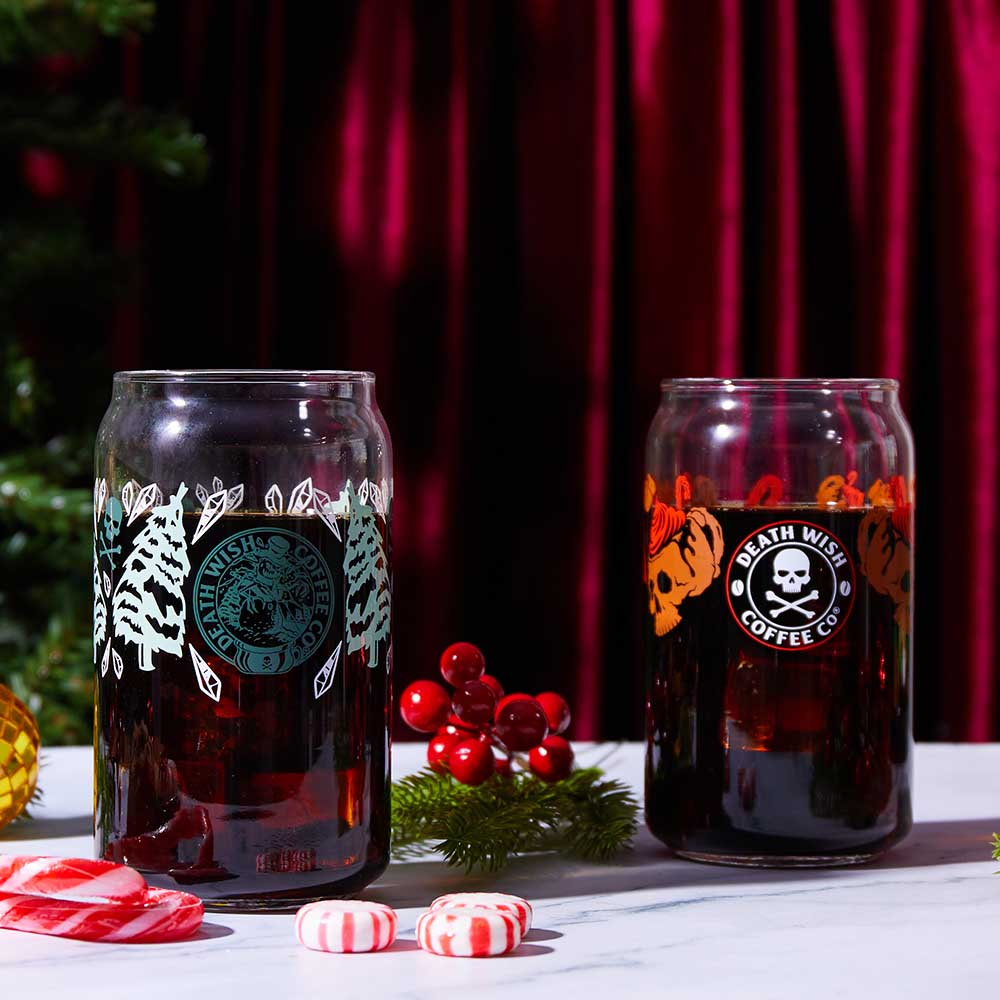 Two glasses of coffee in the Death Wish Coffee Snow Daze Soda Can Glass Set.