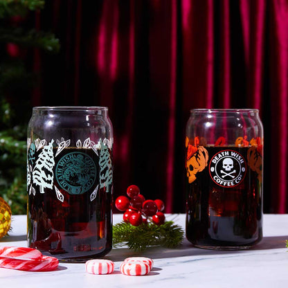 Two glasses of coffee in the Death Wish Coffee Snow Daze Soda Can Glass Set.