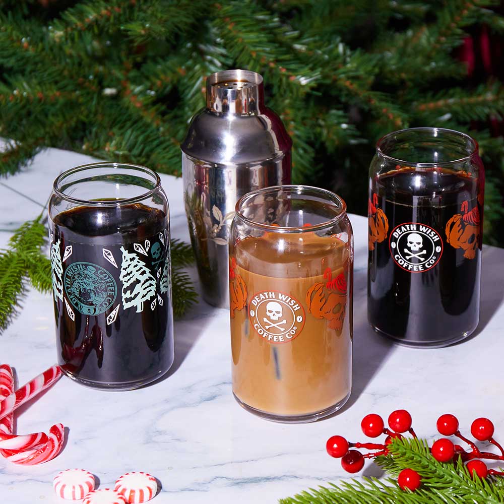 Take your coffee your way with the Death Wish Coffee Snow Daze Soda Can Glass Set.