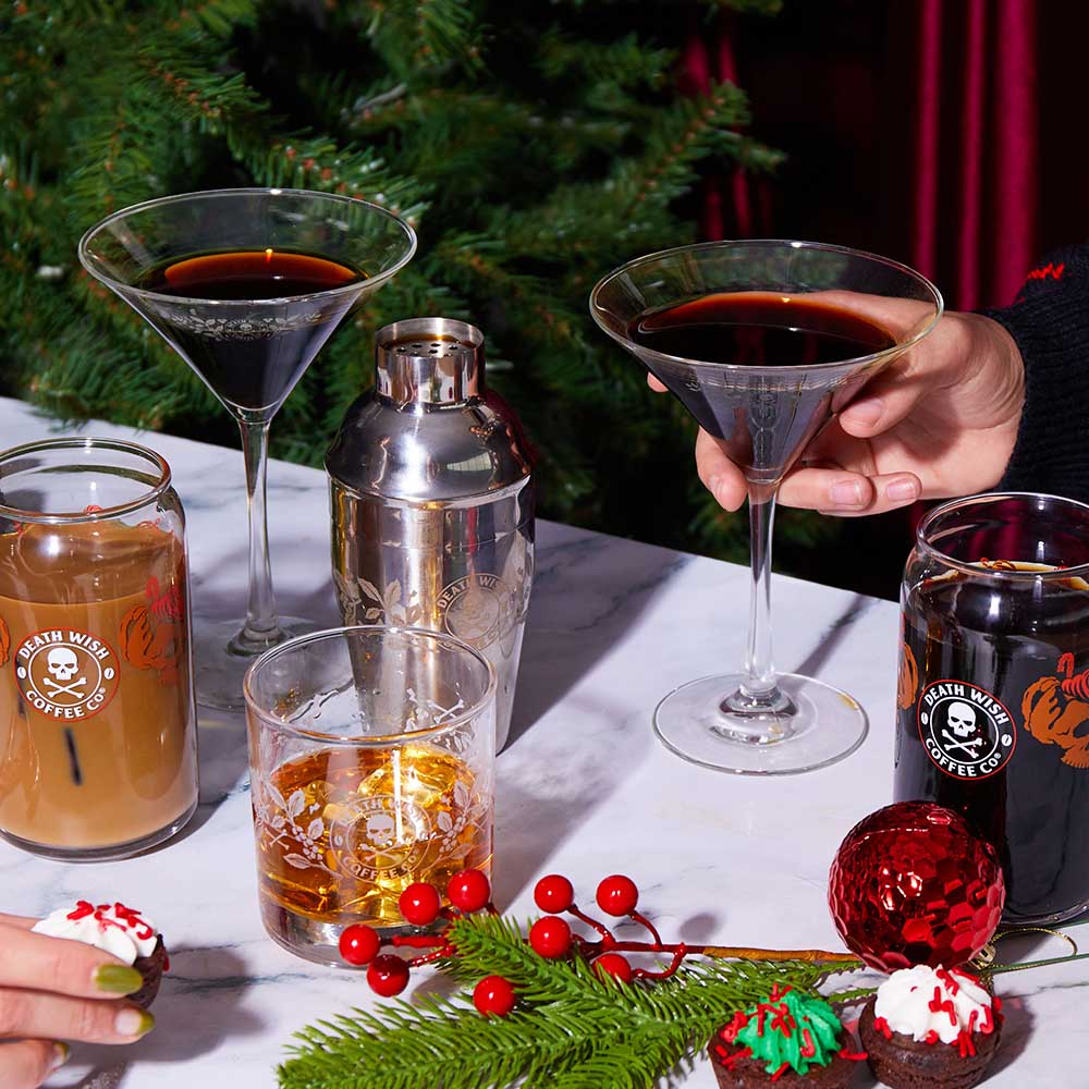 The Death Wish Coffee Sidekick Cocktail Shaker on a table with drinks.