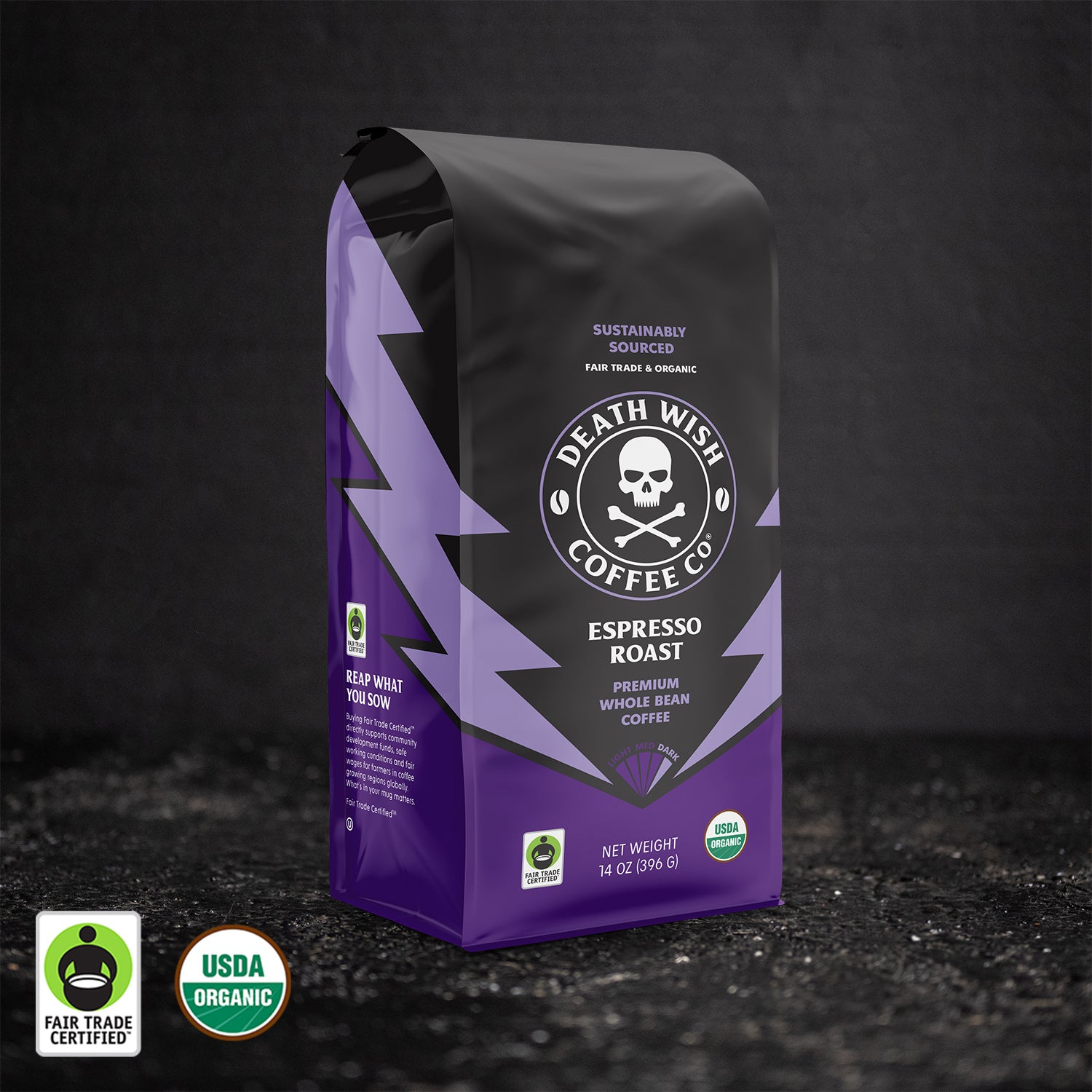 Death Wish Coffee - Espresso Roast 14oz Whole Bean Bag.