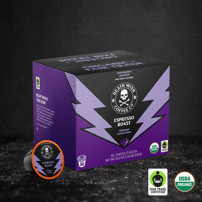 Death Wish Coffee - 50 Count Espresso Roast Single-Serve Pods.