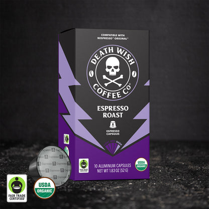 Death Wish Coffee Espresso Roast Espresso Capsules - 10 Count Box.