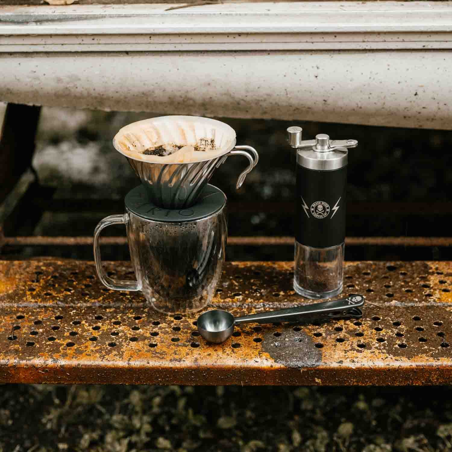 Making coffee in the woods with the Death Wish Coffee Hand Grinder, Scoop & Hario Coffee Dripper.