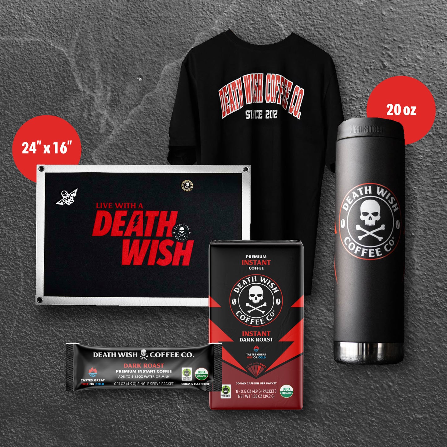 The full Death Wish Coffee Back to Campus Tee Bundle.