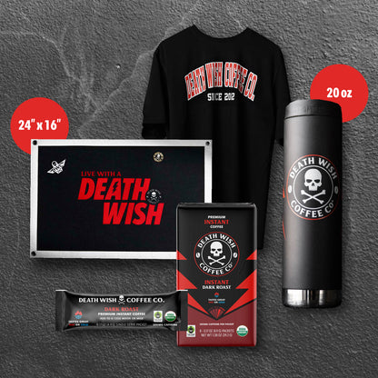 The full Death Wish Coffee Back to Campus Tee Bundle.