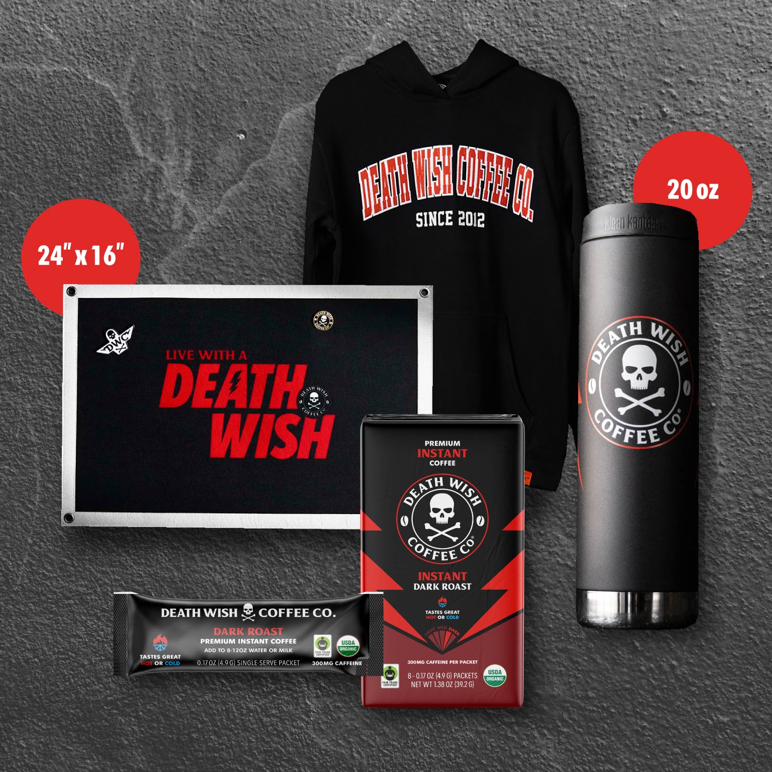The full Death Wish Coffee Back to Campus Hoodie Bundle.