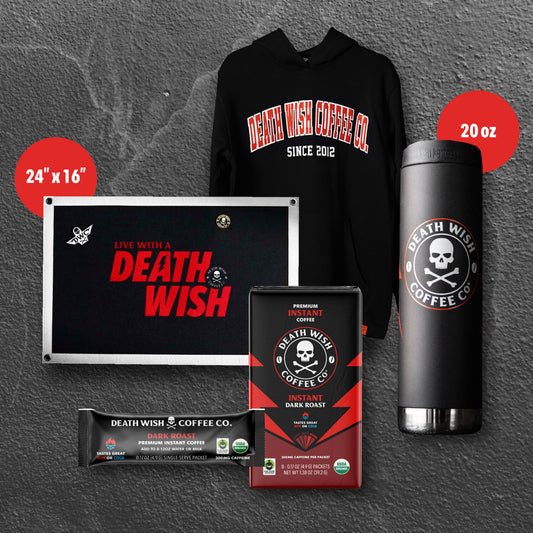 The full Death Wish Coffee Back to Campus Hoodie Bundle.
