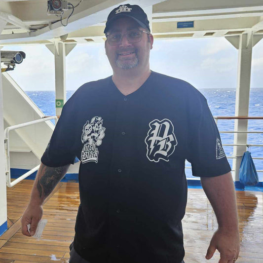A member of team Pitch Black reppin' their jersey for the Death Wish Coffee Swig League.