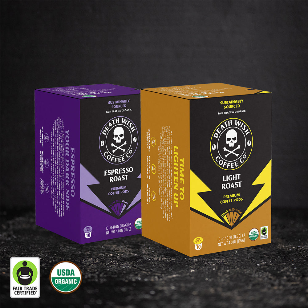 Death Wish Coffee Light Roast + Espresso Roast Single-Serve Pod Bundle.