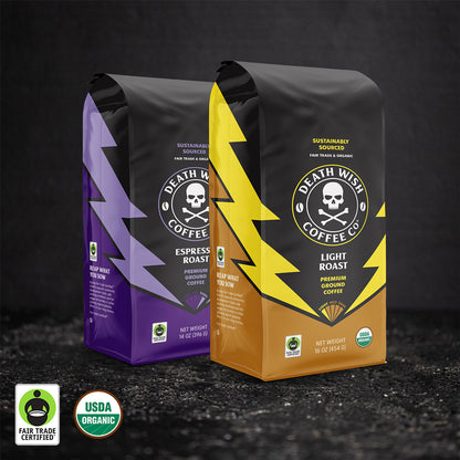 Death Wish Coffee Light Roast + Espresso Roast Ground Bundle.