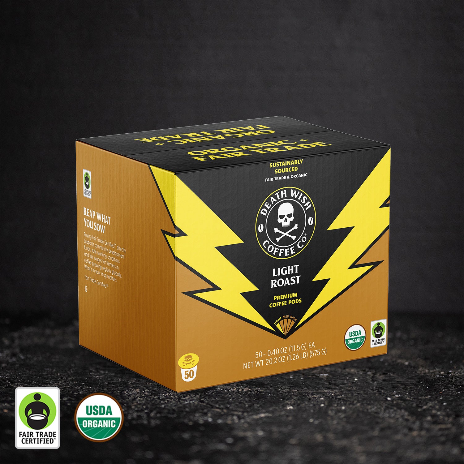 Death Wish Coffee Light Roast Single-Serve Pods - 50 Count Box.