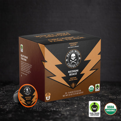 Death Wish Coffee - 50 Count Medium Roast Single-Serve Pods.