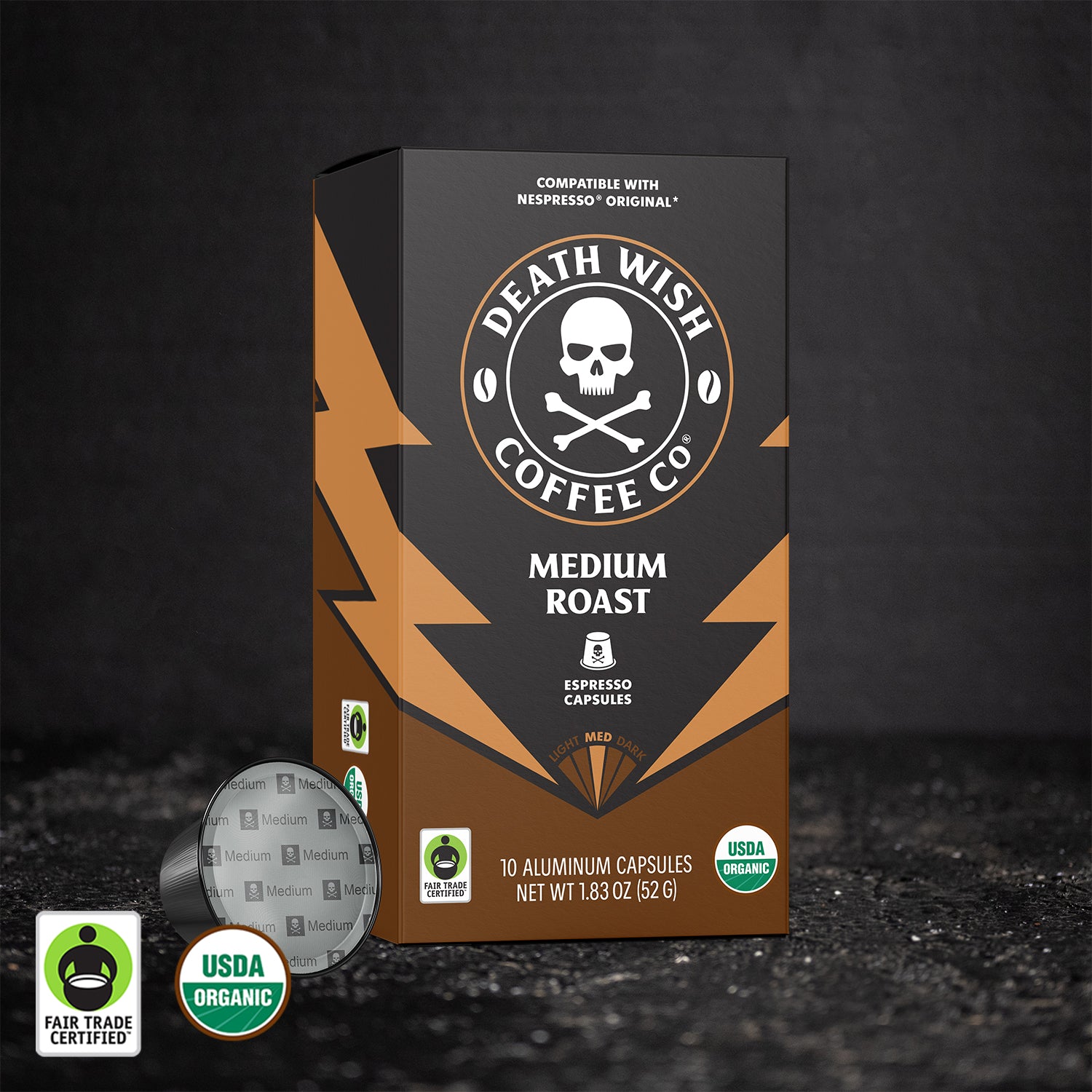 Death Wish Coffee Medium Roast Espresso Capsules - 10 Count Box.