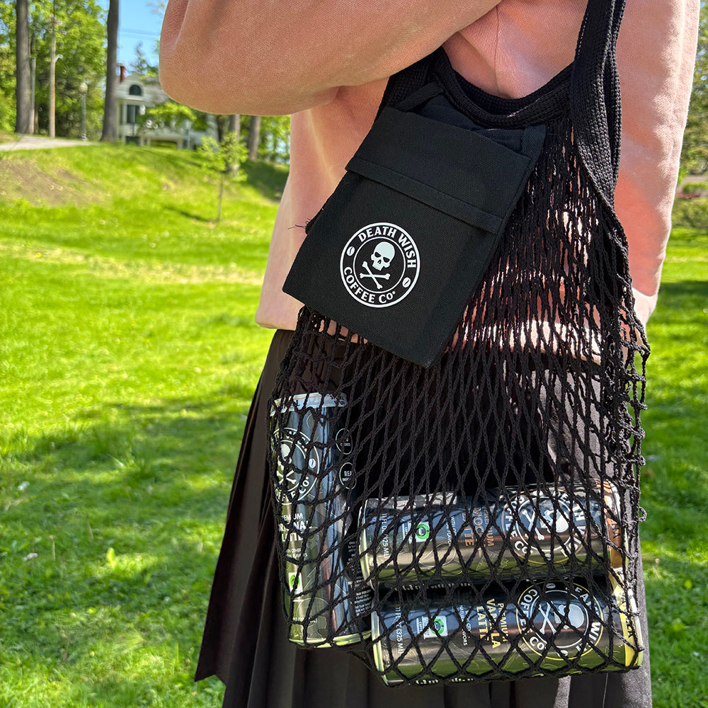 The Death Wish Coffee All Out Mesh Bag filled with canned lattes.