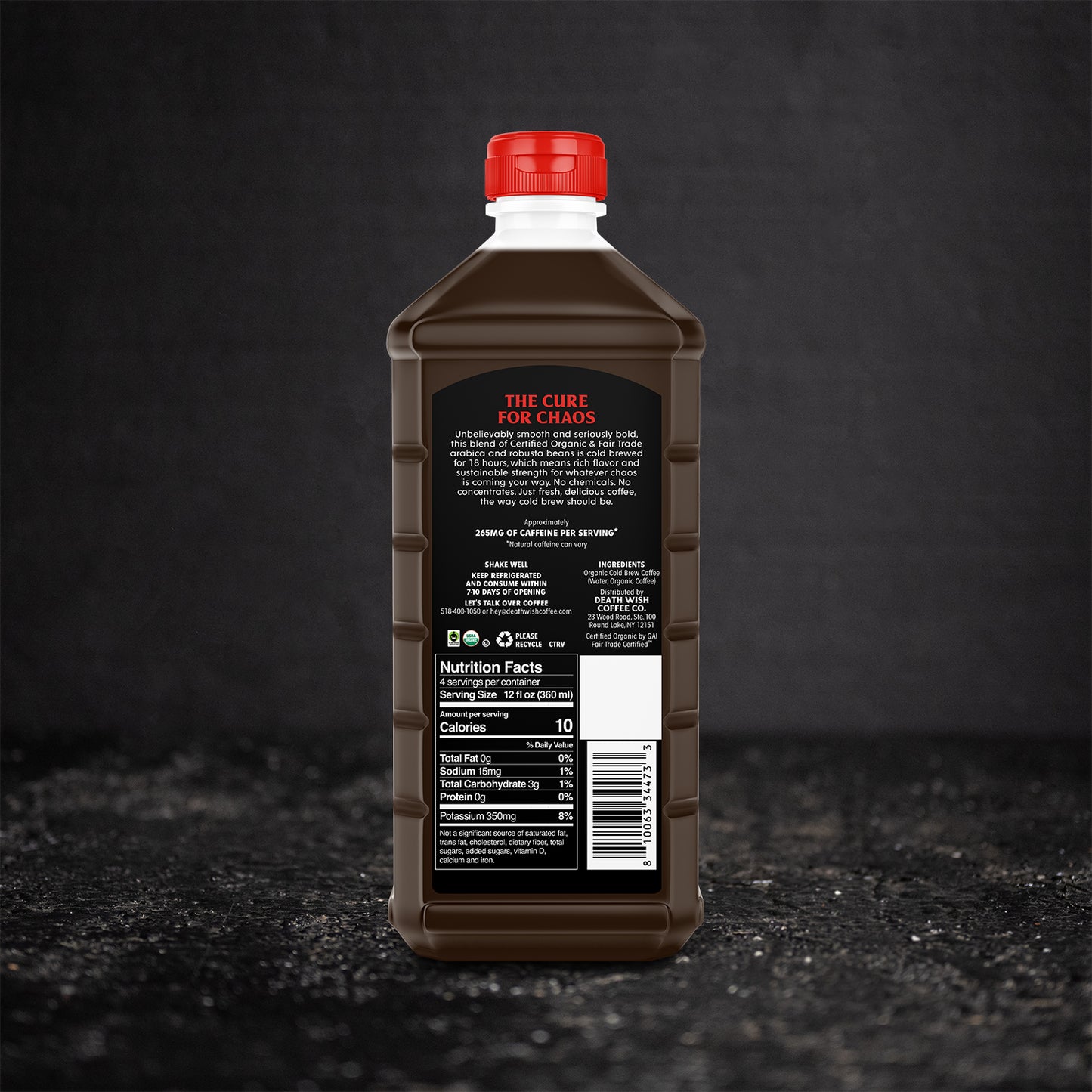 The back of the Unsweetened Death Wish Coffee Organic Cold Brew Coffee.