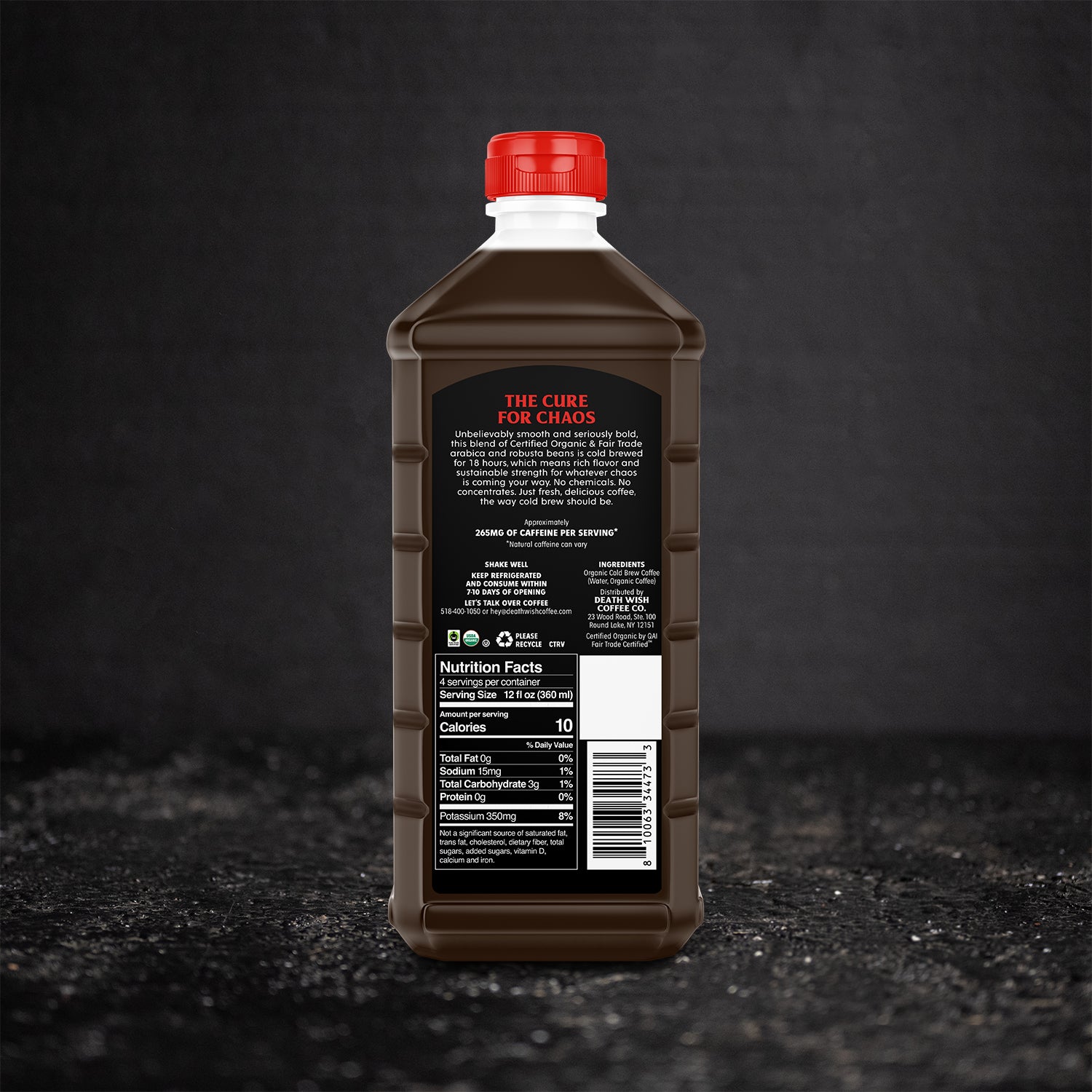 The back of the Unsweetened Death Wish Coffee Organic Cold Brew Coffee.