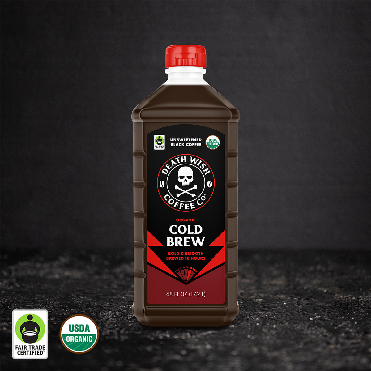 The front of the Unsweetened Death Wish Coffee Organic Cold Brew Coffee.