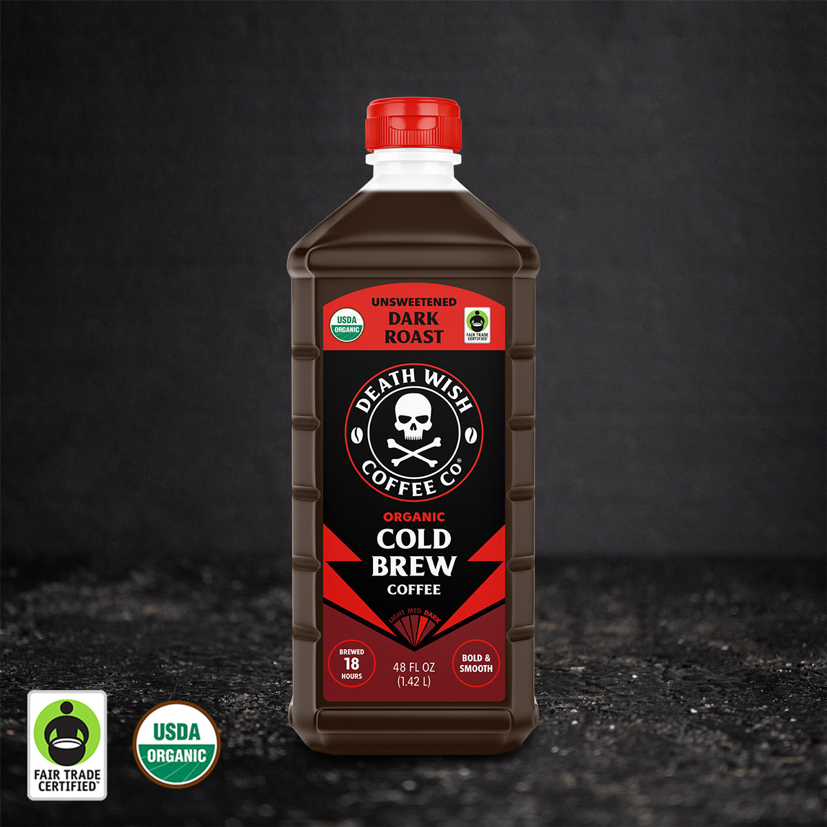 The front of the Unsweetened Death Wish Coffee Organic Cold Brew Coffee.