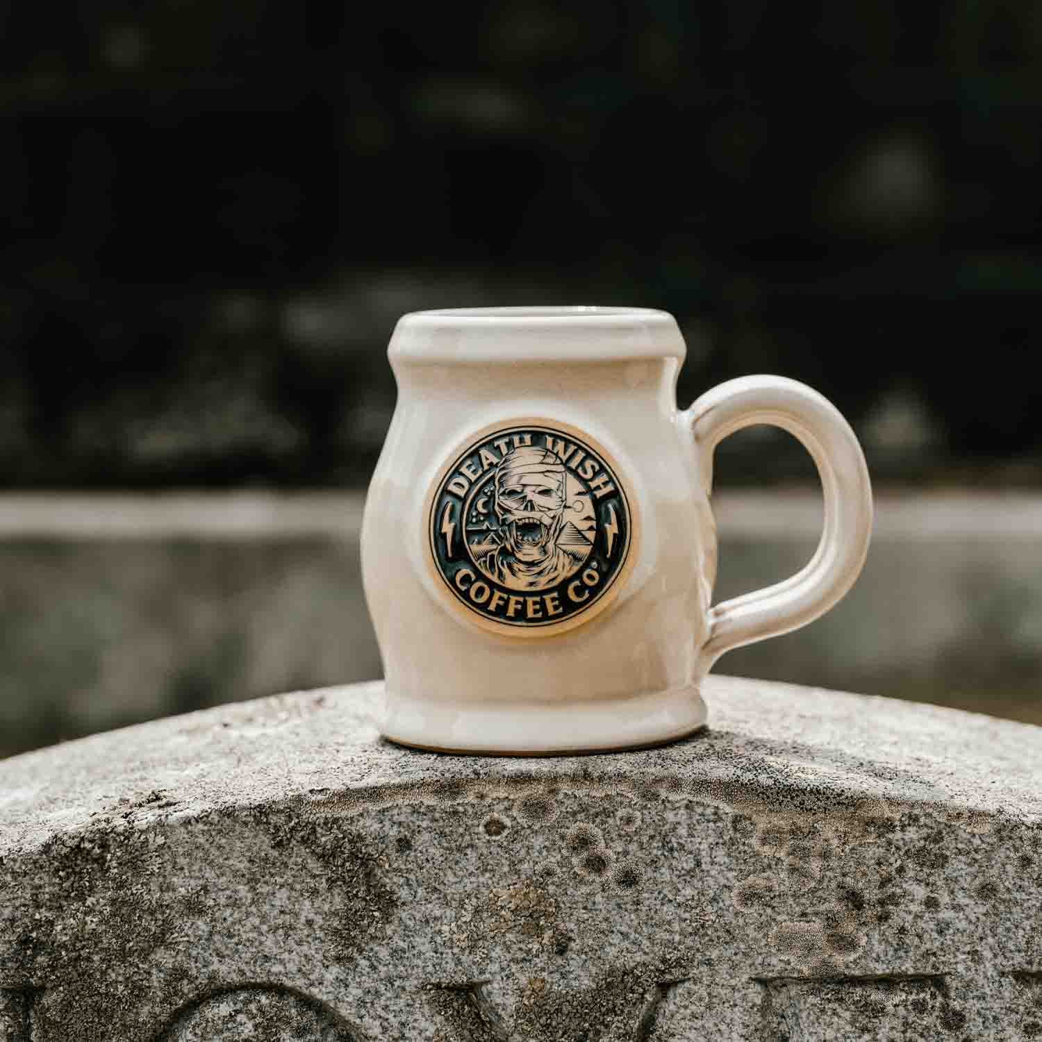 Death Wish Coffee Mummy Mug on a Tombstone
