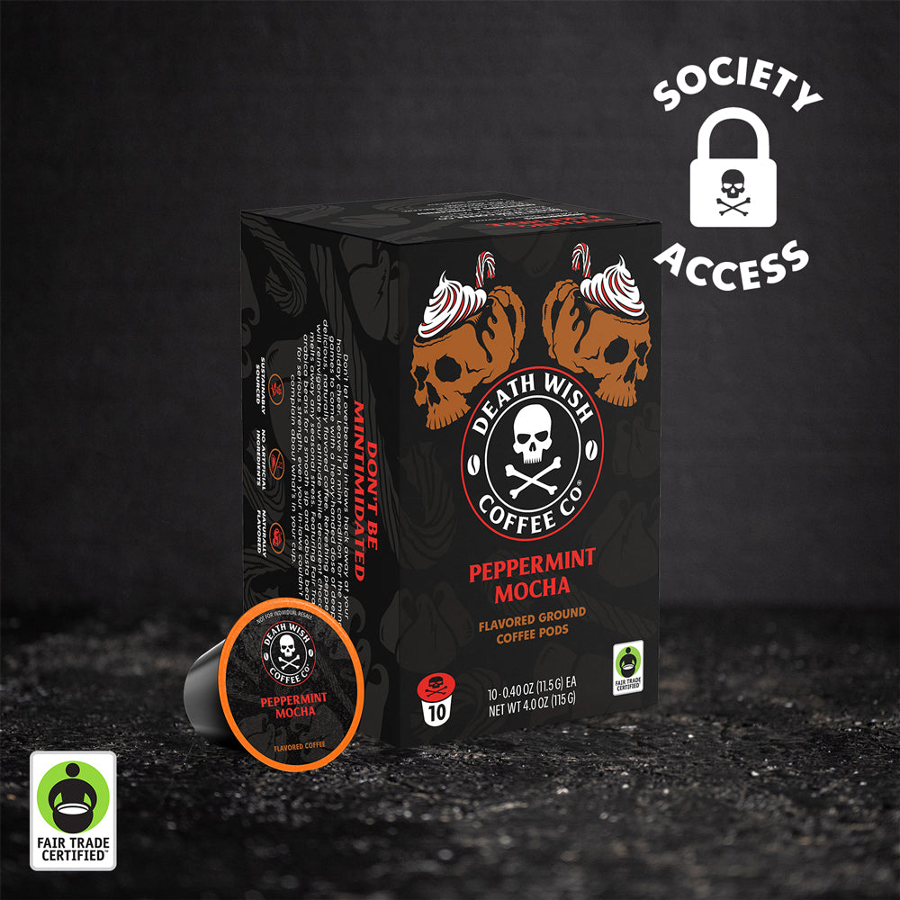 Death Wish Coffee Peppermint Mocha Flavored Single-Serve Coffee Pods.