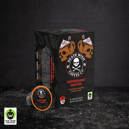 Death Wish Coffee Peppermint Mocha Flavored Single-Serve Coffee Pods.