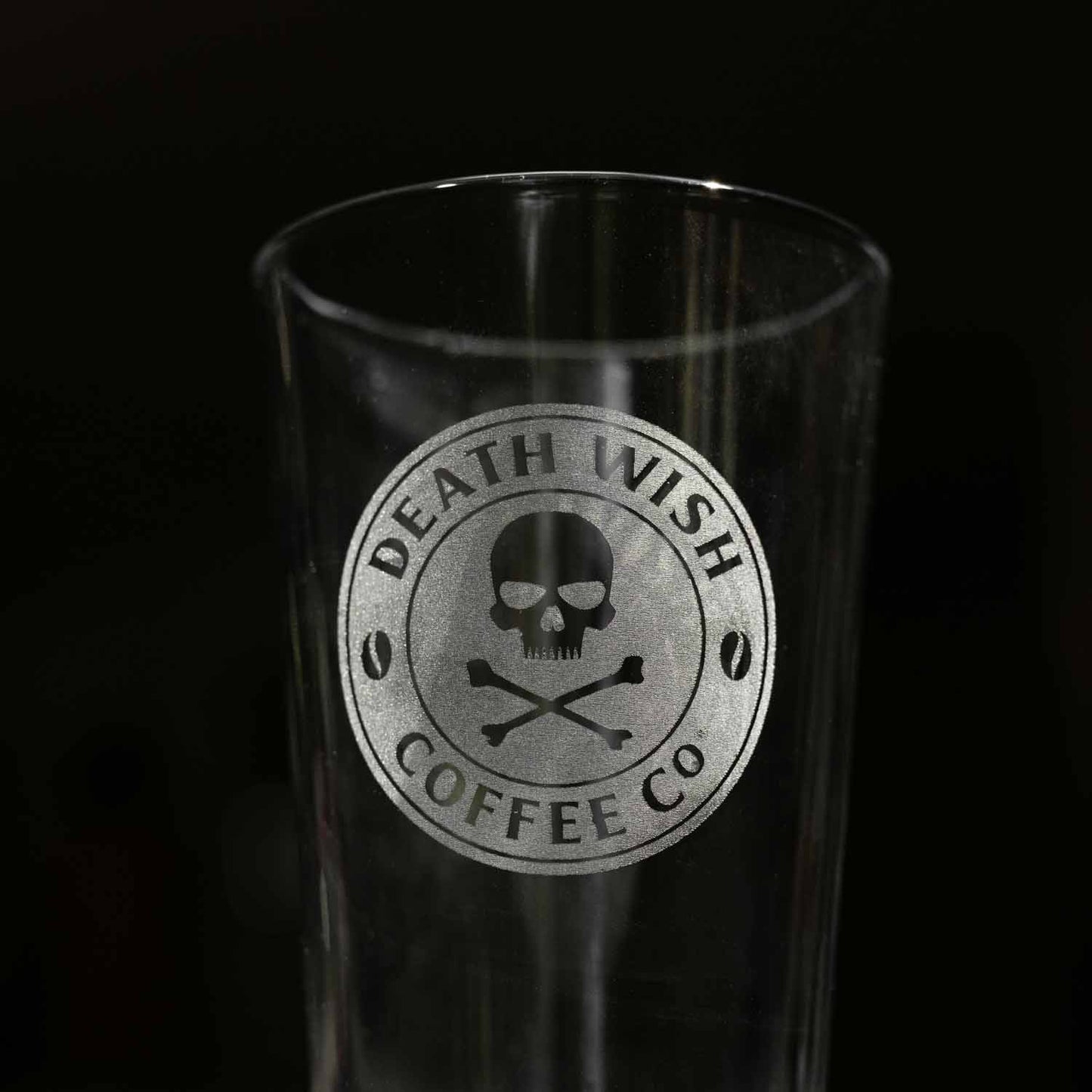 Death Wish Coffee Perc Up Pint Glass Etched Logo.