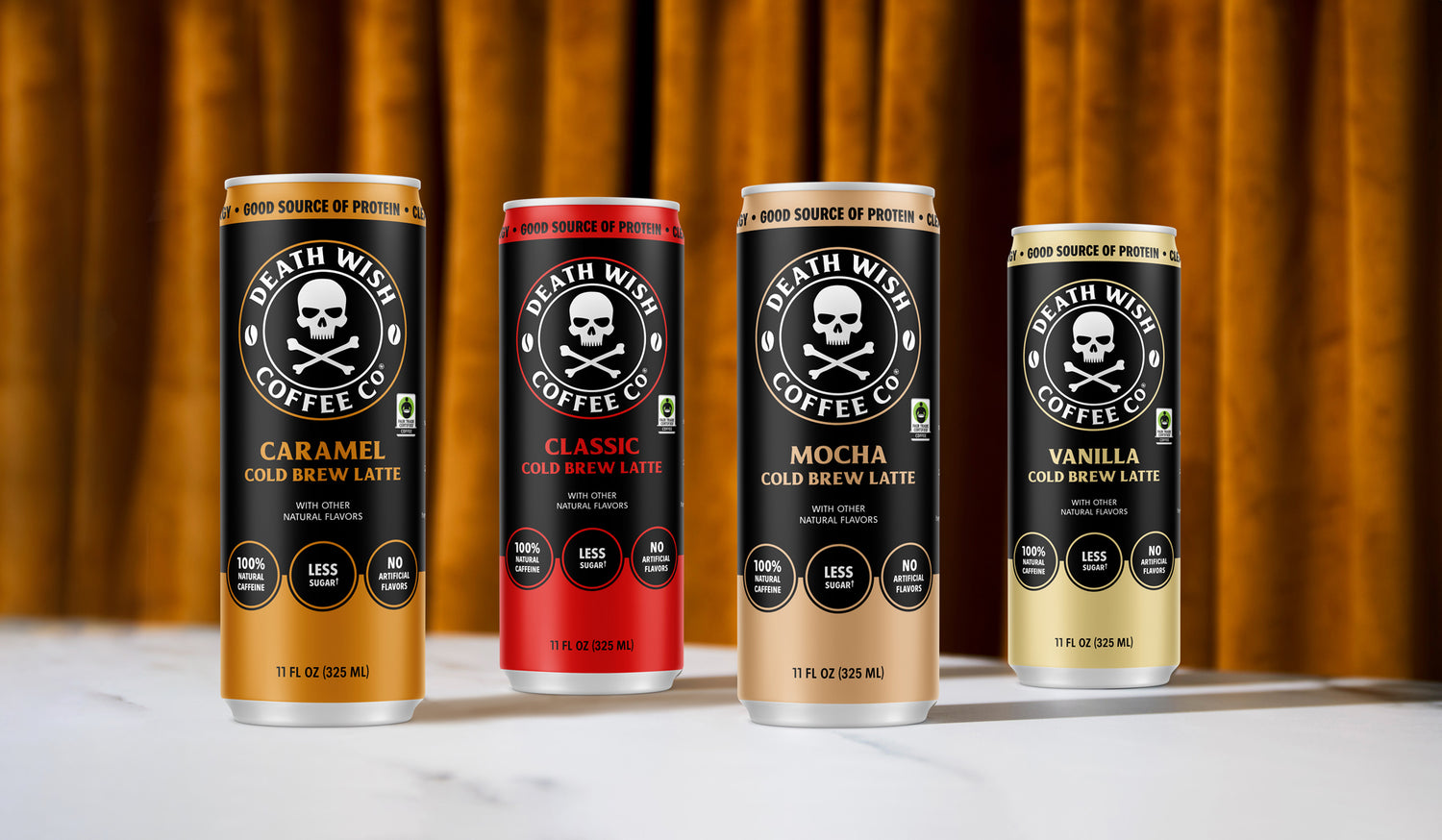 The full lineup of Death Wish Coffee Cold Brew Lattes.