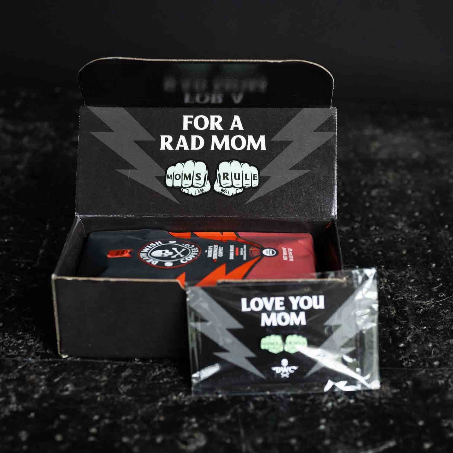 Death Wish Coffe Rad Mom Kit with Dark Roast and an enamel pin.