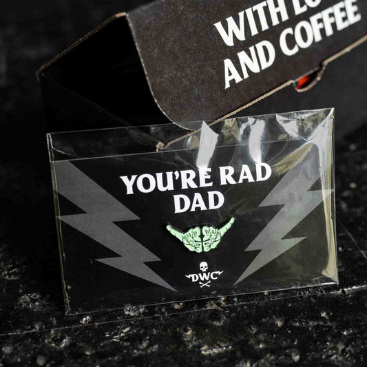 Death Wish Coffee Rad Dad Pin in packaging.