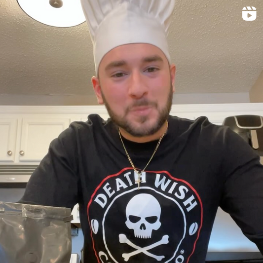 Anthony Alfredo cooking pasta with Death Wish Coffee as an ingredient.