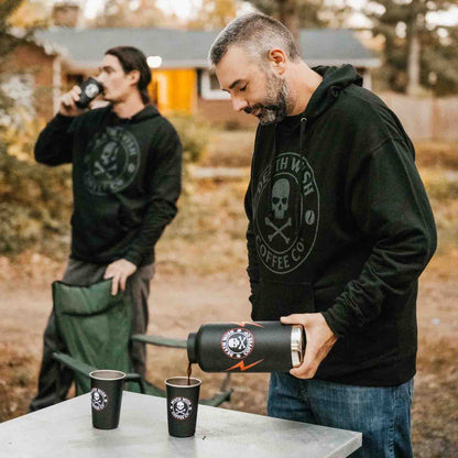 Tailgating in the Death Wish Coffee Shadow Logo Hoodie.