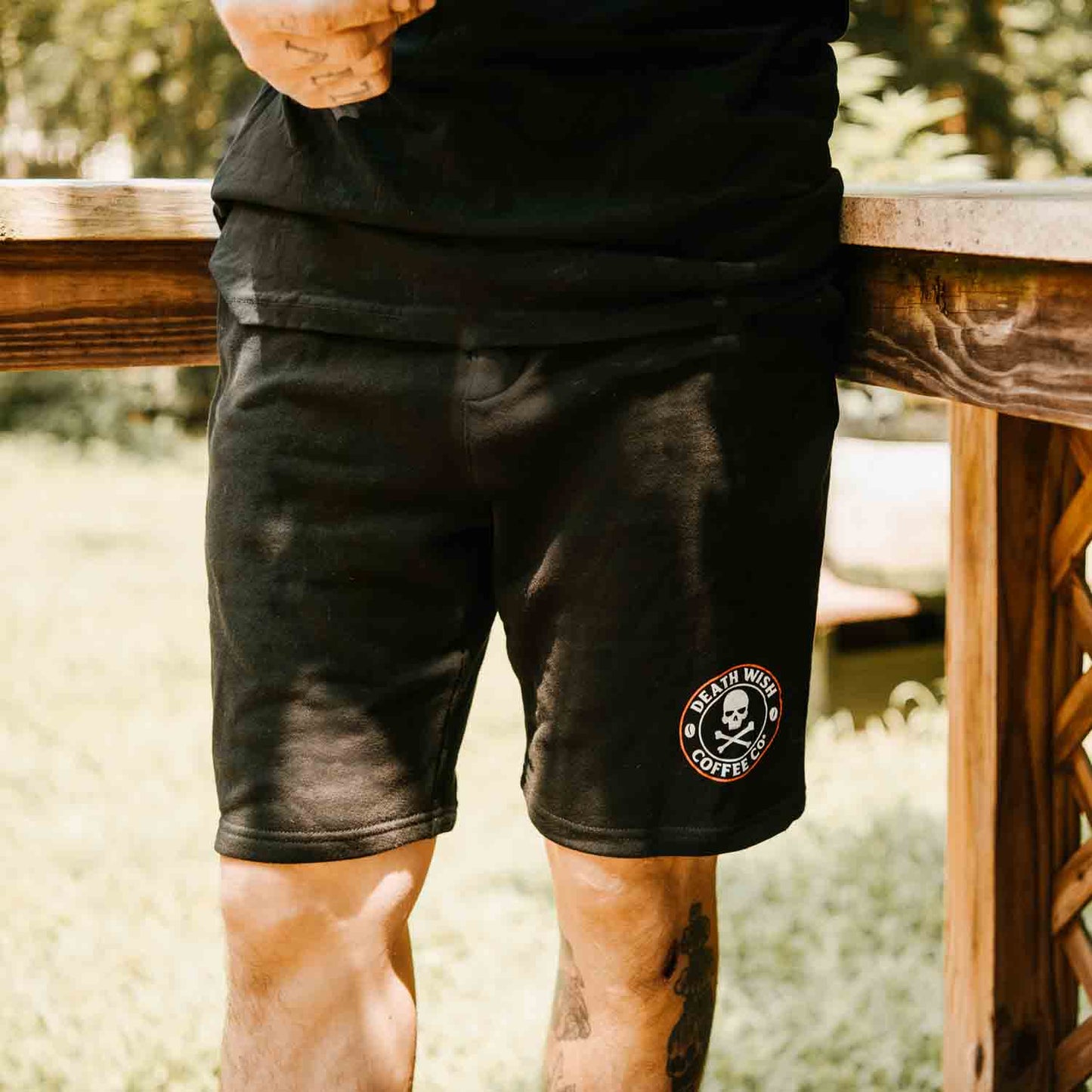 Hanging out on the porch in the Death Wish Coffee Lights Out Shorts.