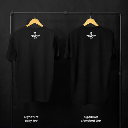 Comparing the back of the Signature Boxy Tee vs. Signature Standard Tee.