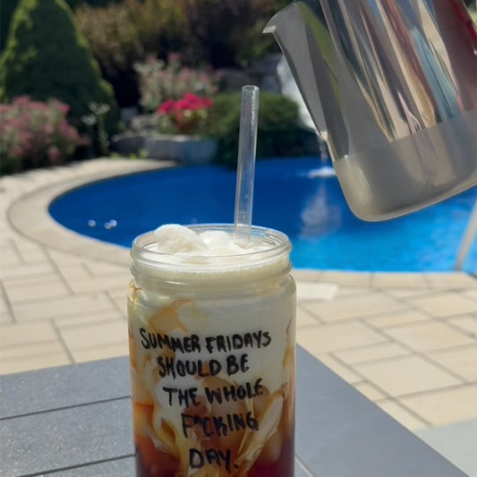 Summer Fridays with iced coffee by the pool.
