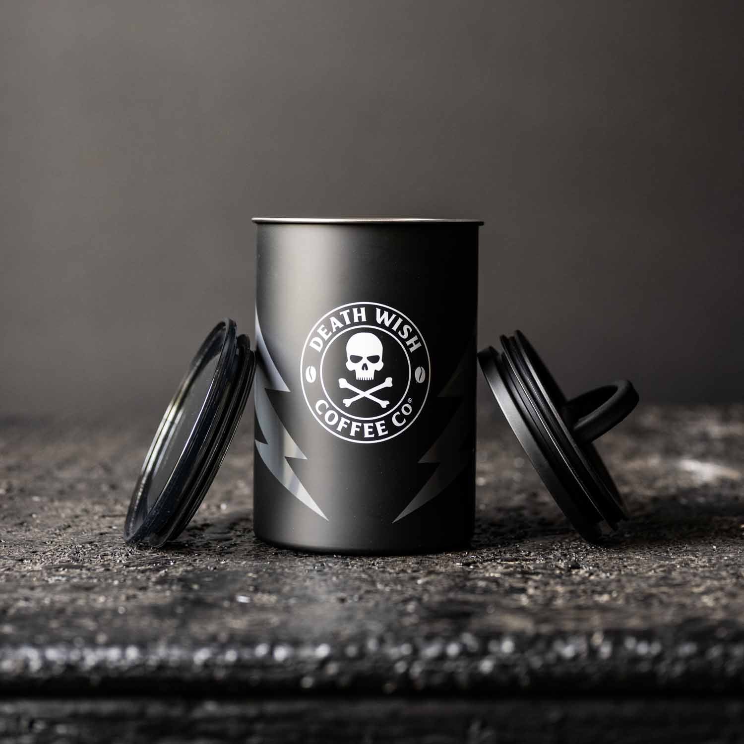 Death Wish Coffee Shadow Canister with plunger lid.