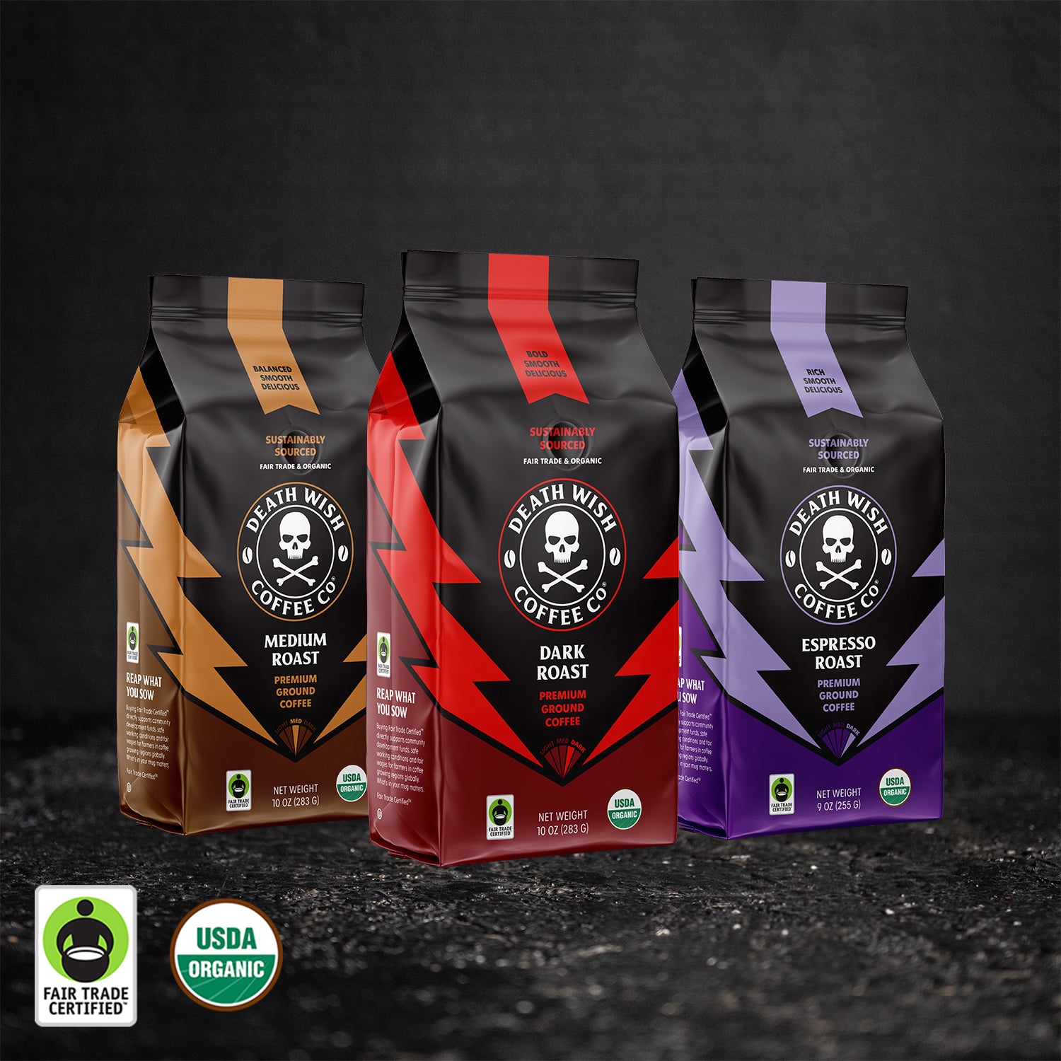 Death Wish Coffee Turn Up Trio Ground Coffee Bundle.