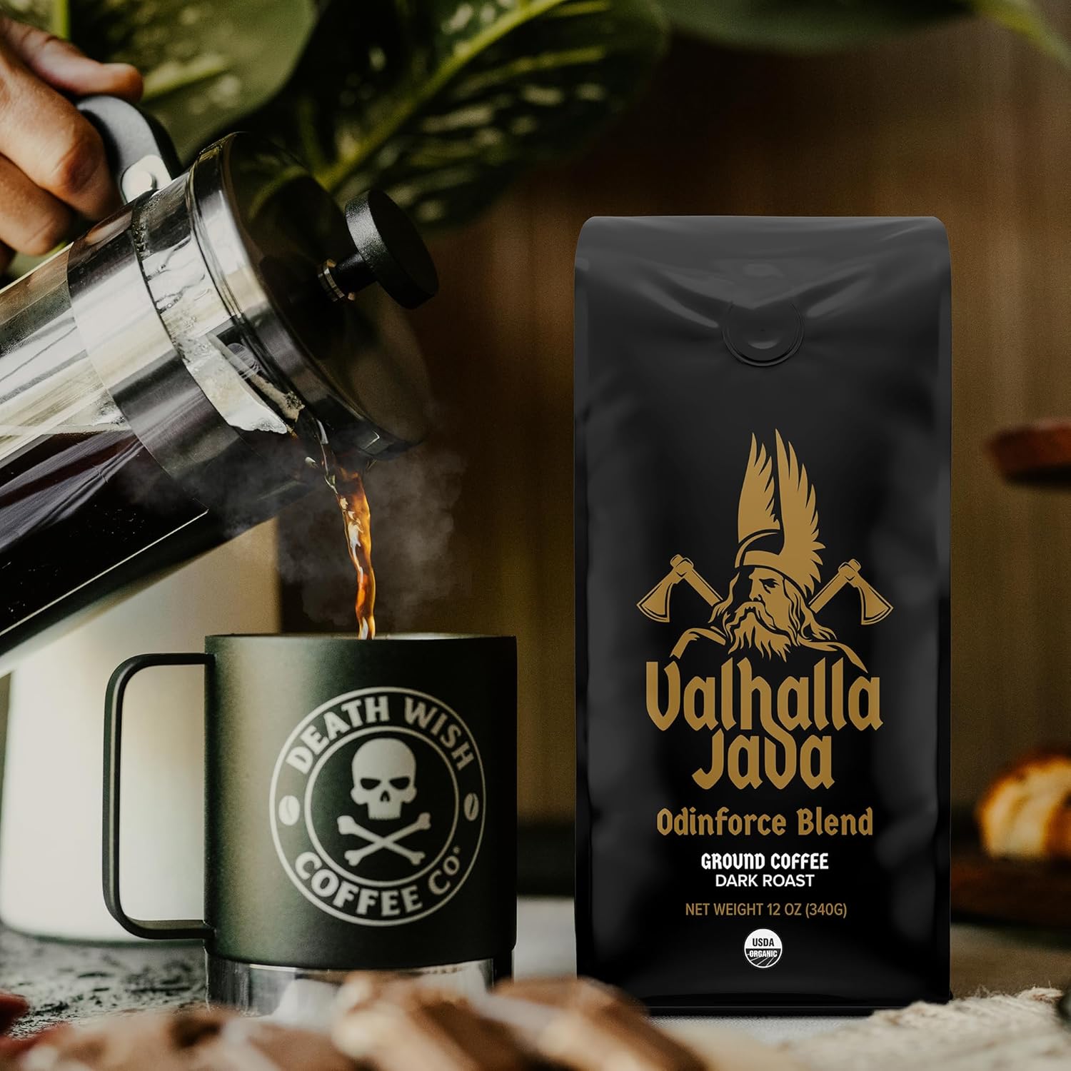 Pouring Valhalla Java Death Wish Coffee into a mug.