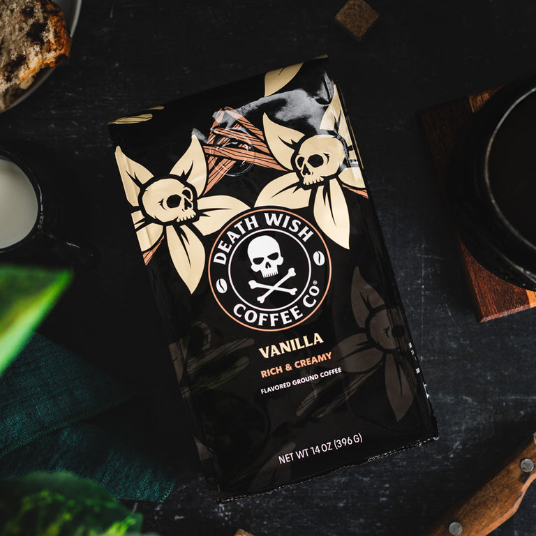 Vanilla Flavored Death Wish Coffee in a bag.