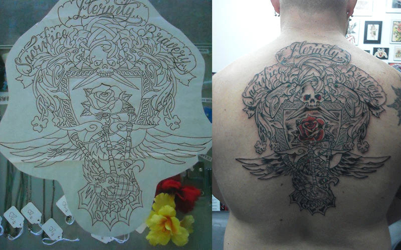 The sketch and final outcome of the Dropkick Murphys Rose Tattoo.