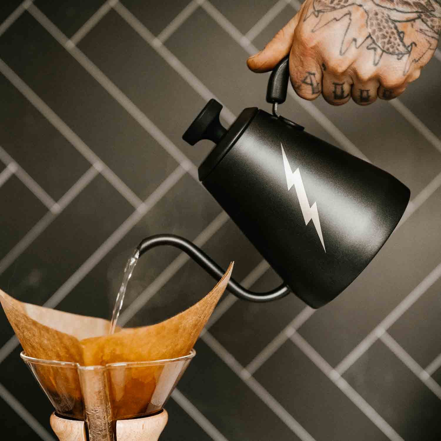 Perfecting the pour over method with the Death Wish Coffee Stovetop Gooseneck Kettle.