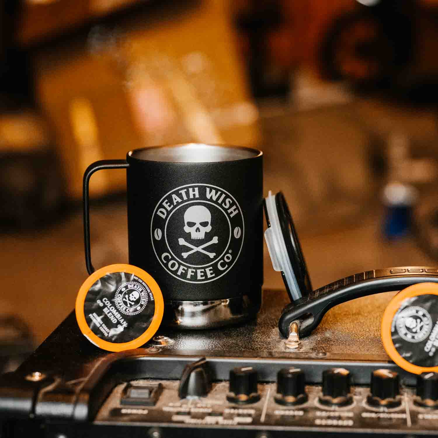 Death Wish Coffee Crossbones Klean Kanteen Mug with Colombian Blend Death Cups.
