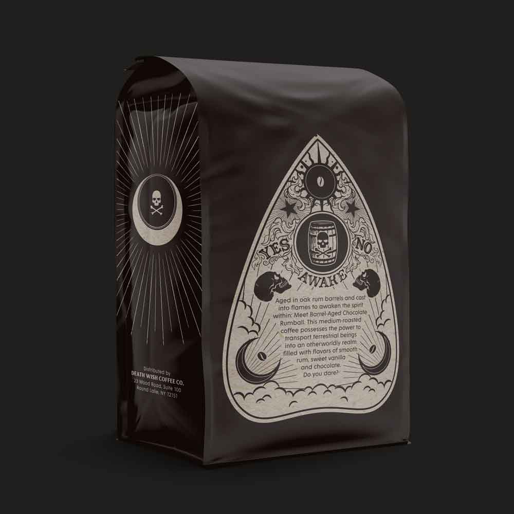 The back of Death Wish Coffee Dark Spirits Barrel-Aged Chocolate Rum Ball Flavored Coffee