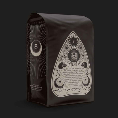 The back of Death Wish Coffee Dark Spirits Barrel-Aged Chocolate Rum Ball Flavored Coffee